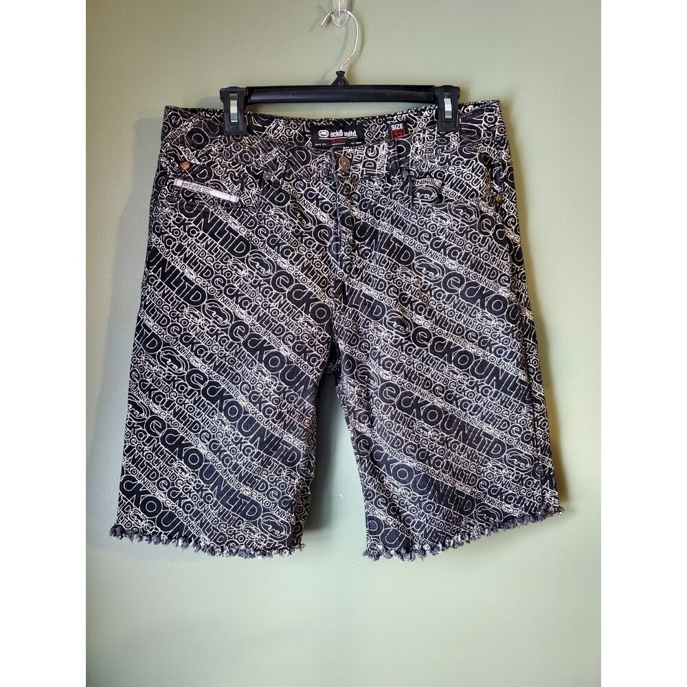 Ecko Unltd Mens Black Baggy Denim Jean Shorts All Over Logo Raw Edge Size 32